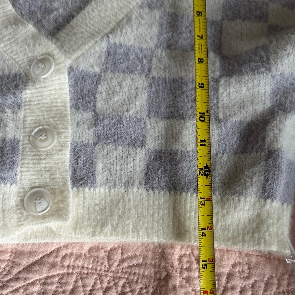 Altar'd State Cream and Purple Checkered Cropped Cardigan - Picture 10 of 13